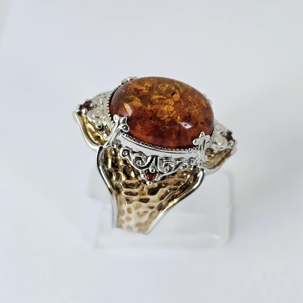 Natural Baltic Amber & Red Sapphire Ring 18K & Palladium Silver Sz 8 - Picture 2 of 5